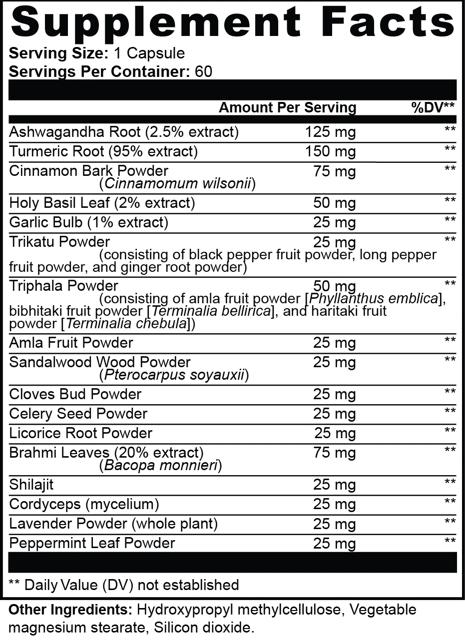 Supplement Facts for Ayurvedic Complex showing ingredients like Ashwagandha, Turmeric, and Holy Basil.