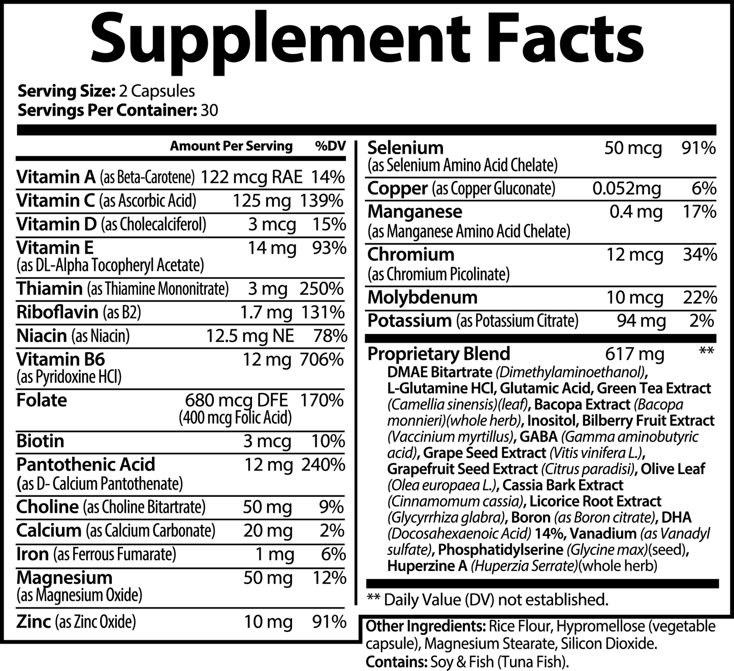 Supplement Facts for Clarity Core Formula showcasing ingredients and their nutritional values.