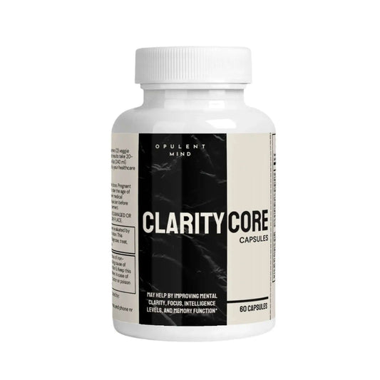 Clarity Core Formula capsules in a white bottle with a sleek black label for enhanced focus and cognition.