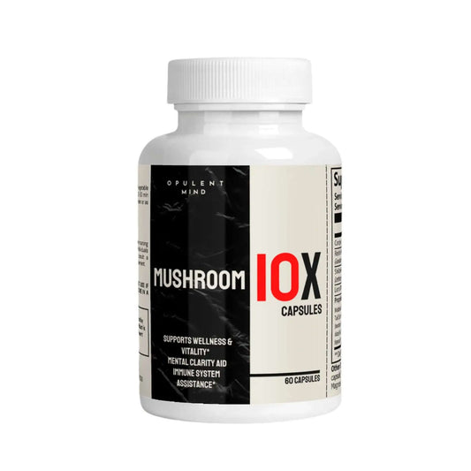 Mushroom 10X Complex capsules bottle for brain health, immune support, and vitality.