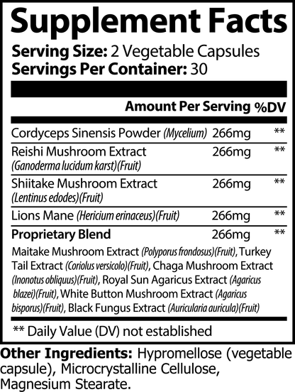 Supplement facts for Mushroom 10X Complex in vegetable capsules, highlighting ingredients and serving sizes.